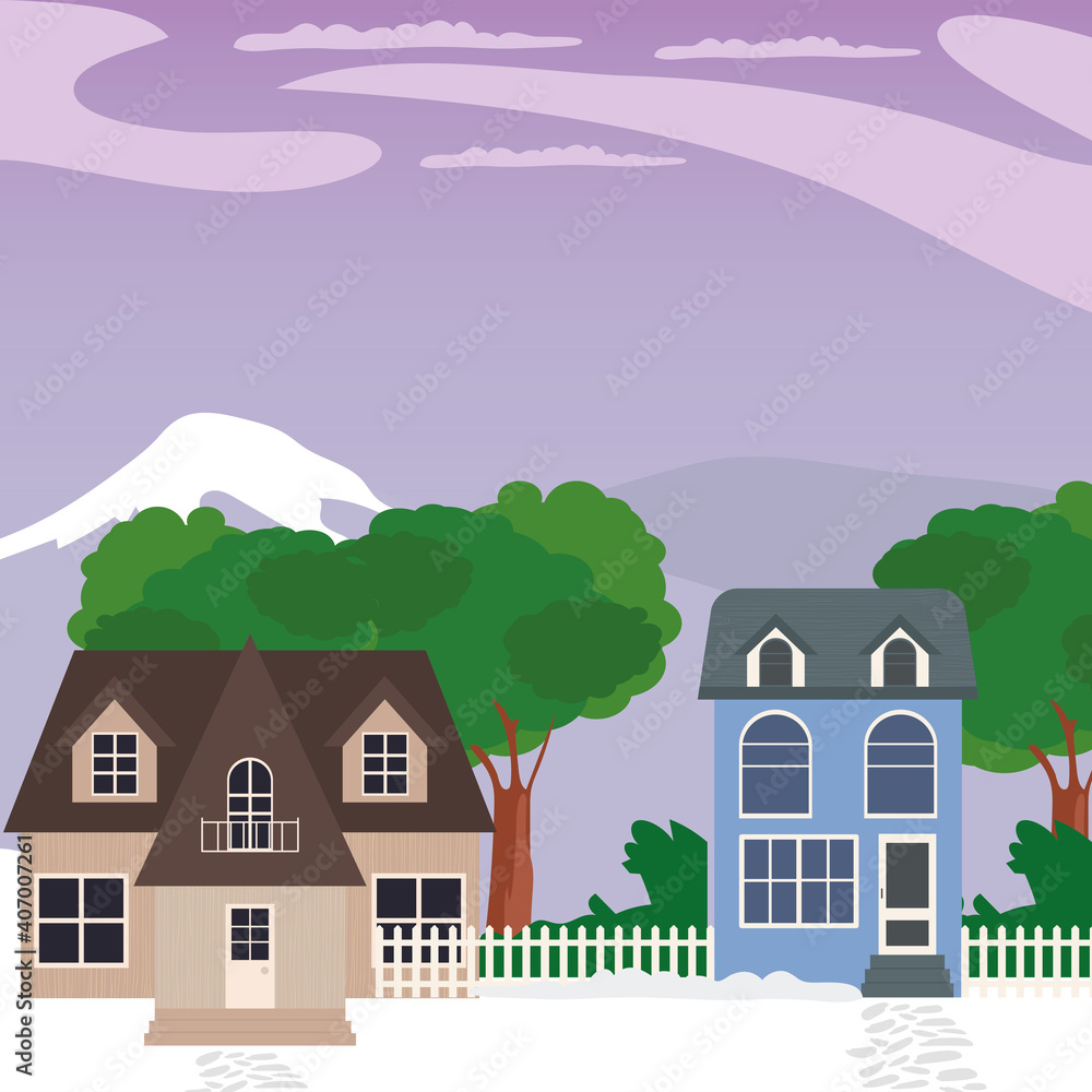 houses with fence and trees vector design