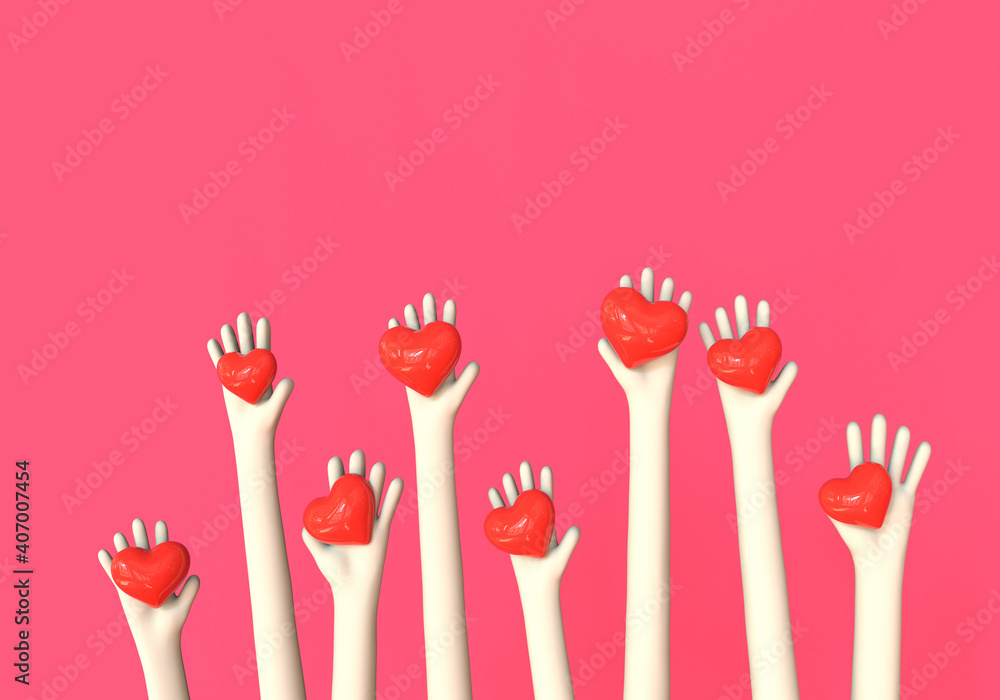 Hands with hearts, world heart day, organ donor, world mental health. Raised hands volunteering 3D concept. Hands with hearts, world heart day, organ donor, world mental health. Raised hands volunteering 3D concept.