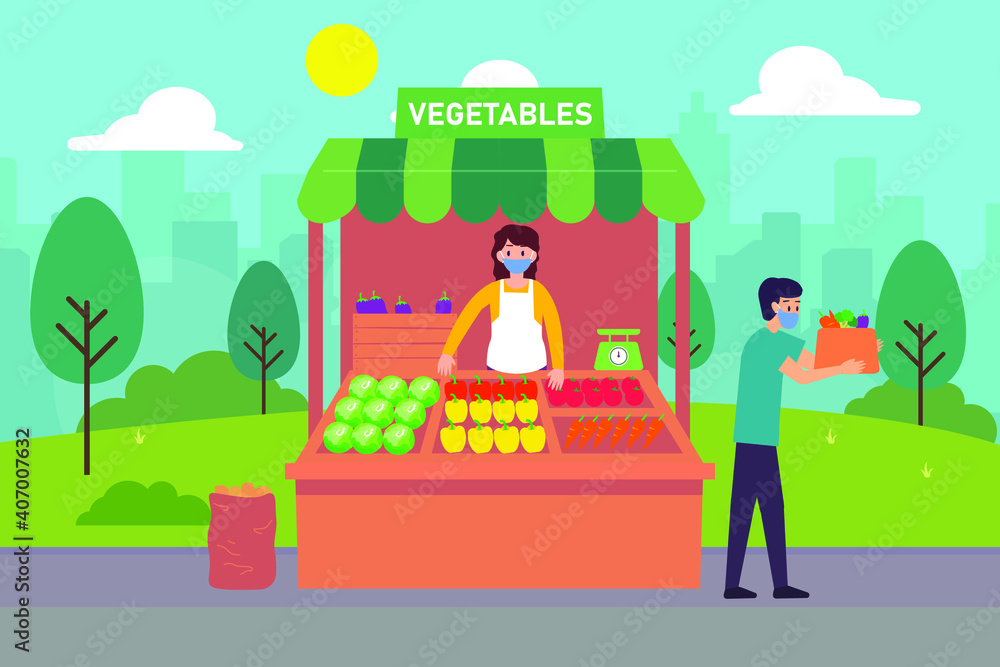 Naklejka premium Fruit and vegetables stall 2D flat vector concept for banner, website, illustration, landing page, flyer, etc