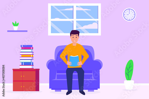 Happy young man reading books at home 2D flat vector concept for banner, website, illustration, landing page, flyer, etc