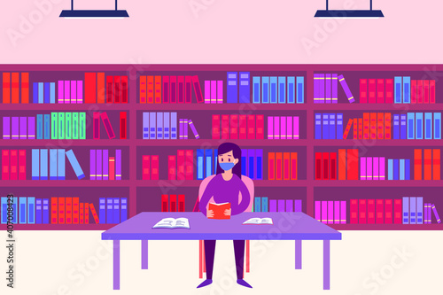 Woman wearing face mask in a library 2D flat vector concept for banner, website, illustration, landing page, flyer, etc