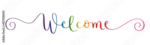 WELCOME vector rainbow-colored brush calligraphy banner with spiral swashes