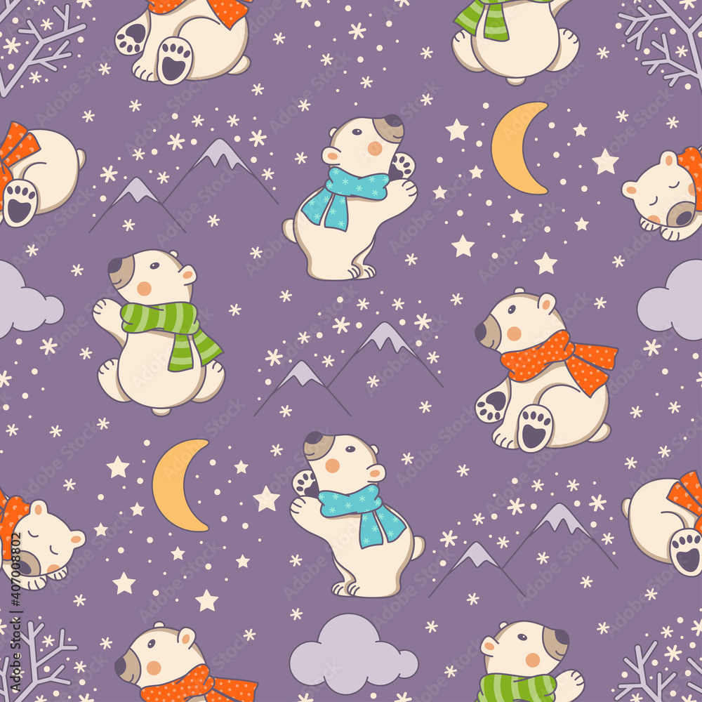 Fototapeta premium Seamless pattern with snowflakes, clouds, moon and cute polar bears. Vector illustration.