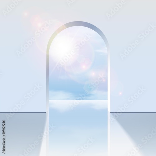 3d realistic vector white arch with a view on the blue sky with sunlight reflection. 