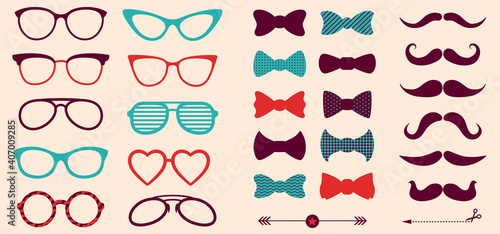 Set of vintage sunglasses, tie bows and moustache. Cute collection of hipster icons in flat style. Vector illustration with separate textures on items