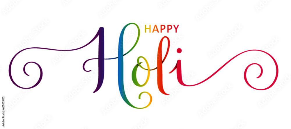 Obraz premium HAPPY HOLI rainbow-colored vector brush calligraphy banner with spiral swashes
