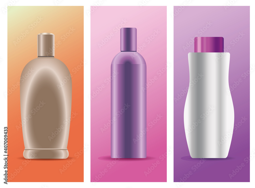 set of three skin care bottles products icons set of three skin care bottles products icons