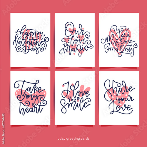 Happy Valentine's day greeting texts collection. Set of Valentines romantic greeting card, invitation, poster design templates. Hand drawn vector illustration.