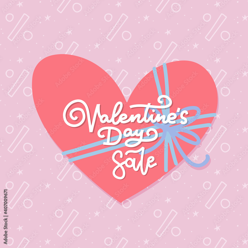 Valentine's day sale banner design template with big heart with bow and hand lettering calligraphy text. Vector logo and Illustration for sale tag or label. Flat vector banner. EPS 10