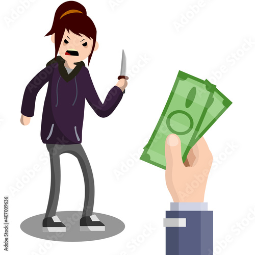 Cartoon flat illustration - girl in a hoodie with a knife extorting money. hand with green notes. aggressive girl. street threat. security problem. financial thief.