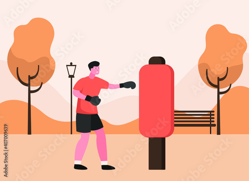 Male teen exercise boxing 2D flat vector concept for banner, website, illustration, landing page, flyer, etc