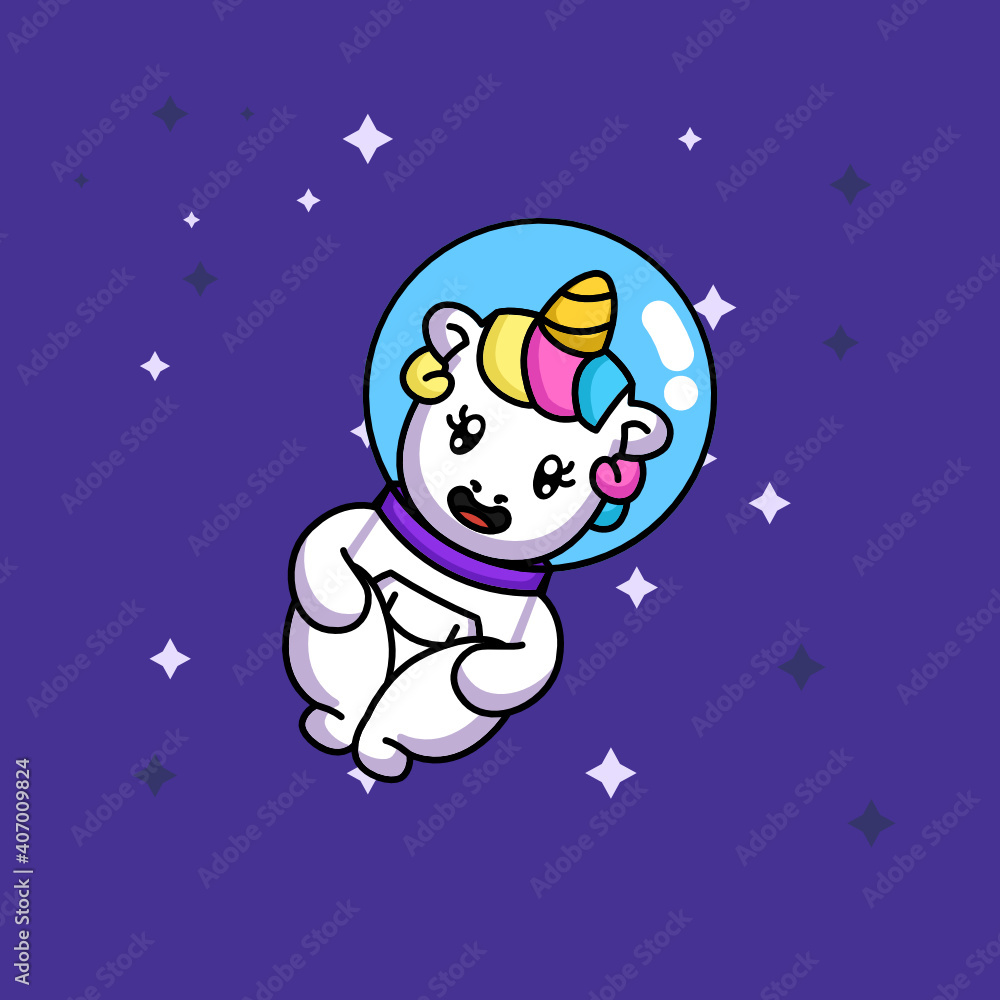 Cute unicorn in spacesuit costume flying 