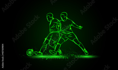 Two soccer players fighting for a ball. Green neon silhouette of a striker and defender on black background.