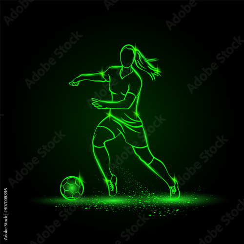 Women soccer player dribbling with ball. Vector Football sport green neon illustration.