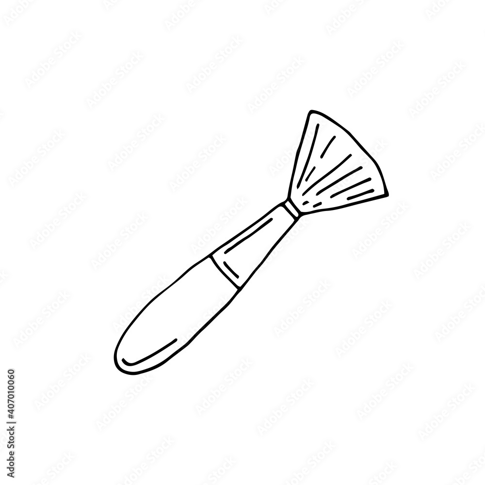 Cosmetic brush for powder and blush. Face and body care products. Vector hand-drawn doodle illustration. Black and white outline Cosmetic brush for powder and blush. Face and body care products. Vector hand-drawn doodle illustration. Black and white outline