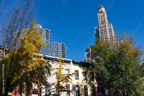 Colorful Buildings and Skyscrapers in Park Slope Brooklyn New York during Autumn