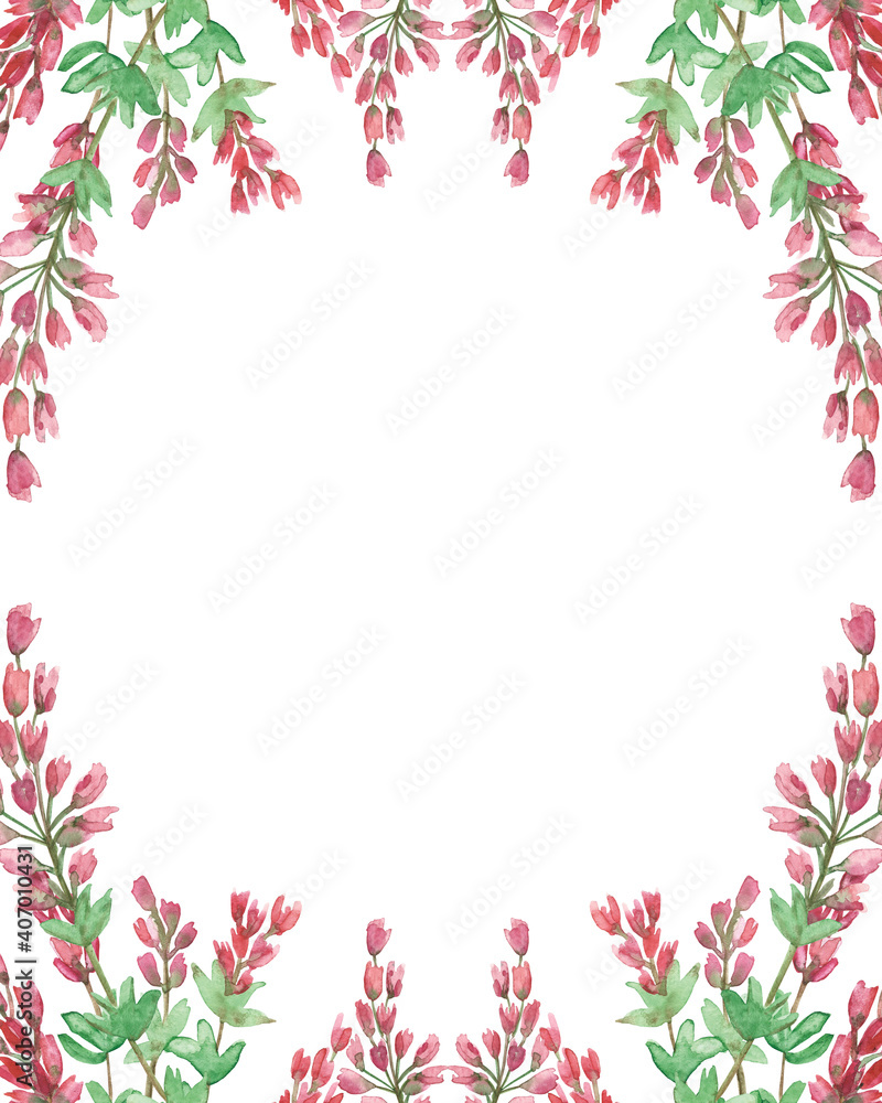 Fototapeta premium Watercolor hand painted nature herbal border frame with pink blossom heather flowers and green leaves composition on the white background for invite and greeting card with space for text