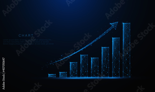Abstract image of a growth chart in glowing blue. Low polygon or low poly design. particle, and triangle style design.Wireframe light connection structure. Vector wireframe concept.