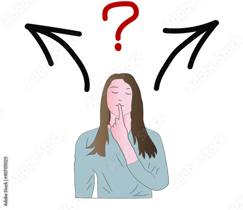 Choice concept. Young pensive thoughtful confused girl woman chooses between two options, directions, solutions. Vector illustration.