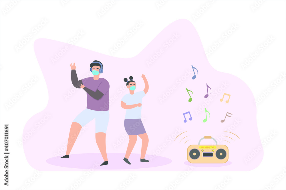 Fototapeta premium Happy teenager listening music on the radio while dancing and wearing face mask