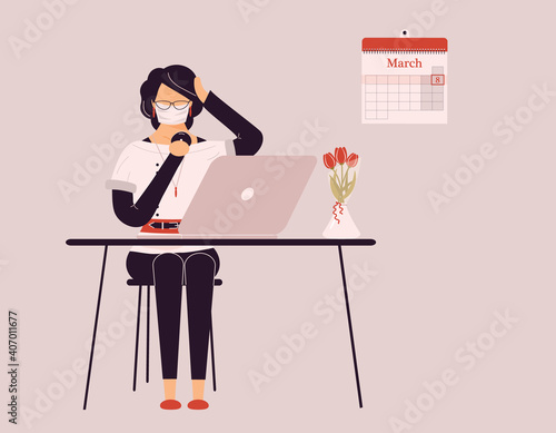 March 8 International Women`s Day.Cute brunette woman in protective medical mask preening work on laptop.Vase with tulips on desk.Smart lady trainer,coach or accountant on webinar or workshop.Vector