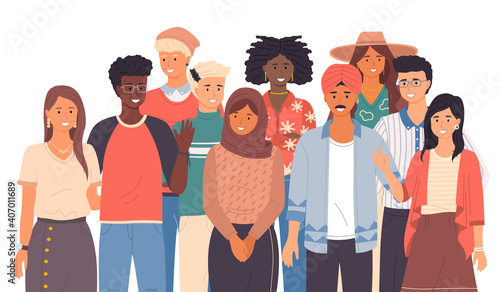Multinational people group smiling, close up. Friendly people wave. Say hello in different languages. Native speakers, friendly men and women cartoon characters. Flat vector image isolated on white