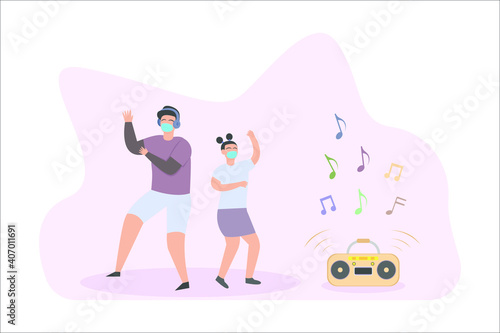 Happy teenager listening music on the radio while dancing and wearing face mask