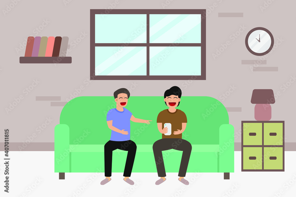 Togetherness vector concept: Two teenagers playing with mobile phone together while sitting on the sofa