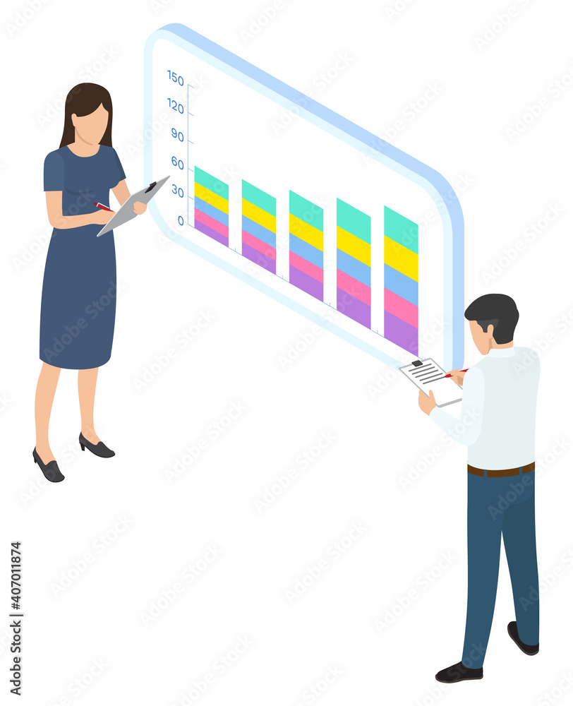 Woman and man interacting with diagrams and analyzing statistics information on smartphone screen. People make notes from charts and digital indicators. Data visualization business statistics concept Woman and man interacting with diagrams and analyzing statistics information on smartphone screen. People make notes from charts and digital indicators. Data visualization business statistics concept