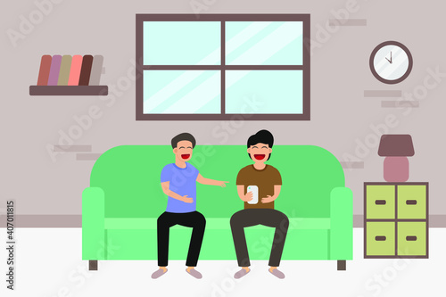 Togetherness vector concept: Two teenagers playing with mobile phone together while sitting on the sofa