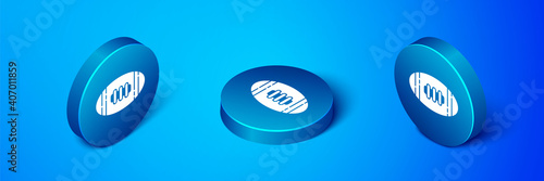 Isometric American Football ball icon isolated on blue background. Rugby ball icon. Team sport game symbol. Blue circle button. Vector Illustration.