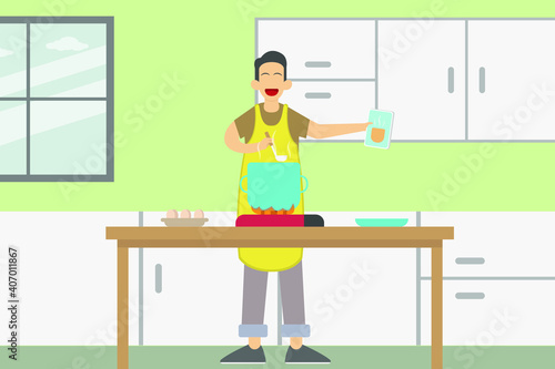 Hobby vector concept: Young man learning cooking while watching tutorial video on smart phone