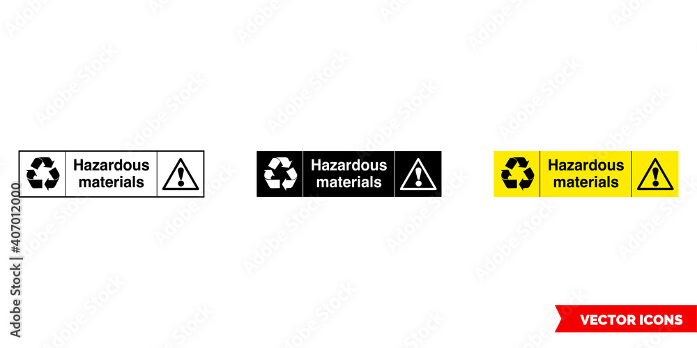 Hazardous materials landscape hazardous waste recycling sign icon of 3 types color, black and white, outline. Isolated vector sign symbol.