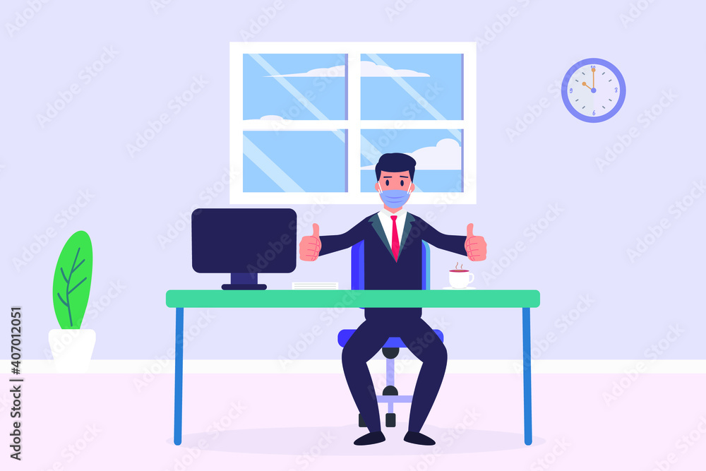 Successful business vector concept: Young businessman showing okay gesture in his desk while wearing face mask