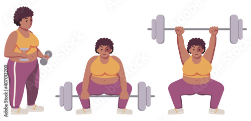 Fat strong black plus size woman with natural hair in cute sportswear trains with dumbbells, raises barbell. Workout. Exercises. Smiles, concentrated. Bicep curls. Deadlift sumo style. Weightlifting.