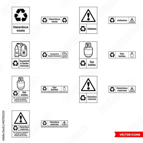 Hazardous waste recycling signs icon set of outline types. Isolated vector sign symbols. Icon pack.