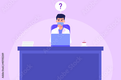 Finding solution vector concept: Male doctor feeling confused with question mark while sitting on his desk