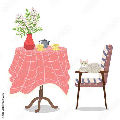 Round table, vase with a bouquet of flowers, coffee cup and saucer and a gray cat sitting on the chair. Vector vintage illustration of cozy home furniture. A nice table with a colored tablecloth
