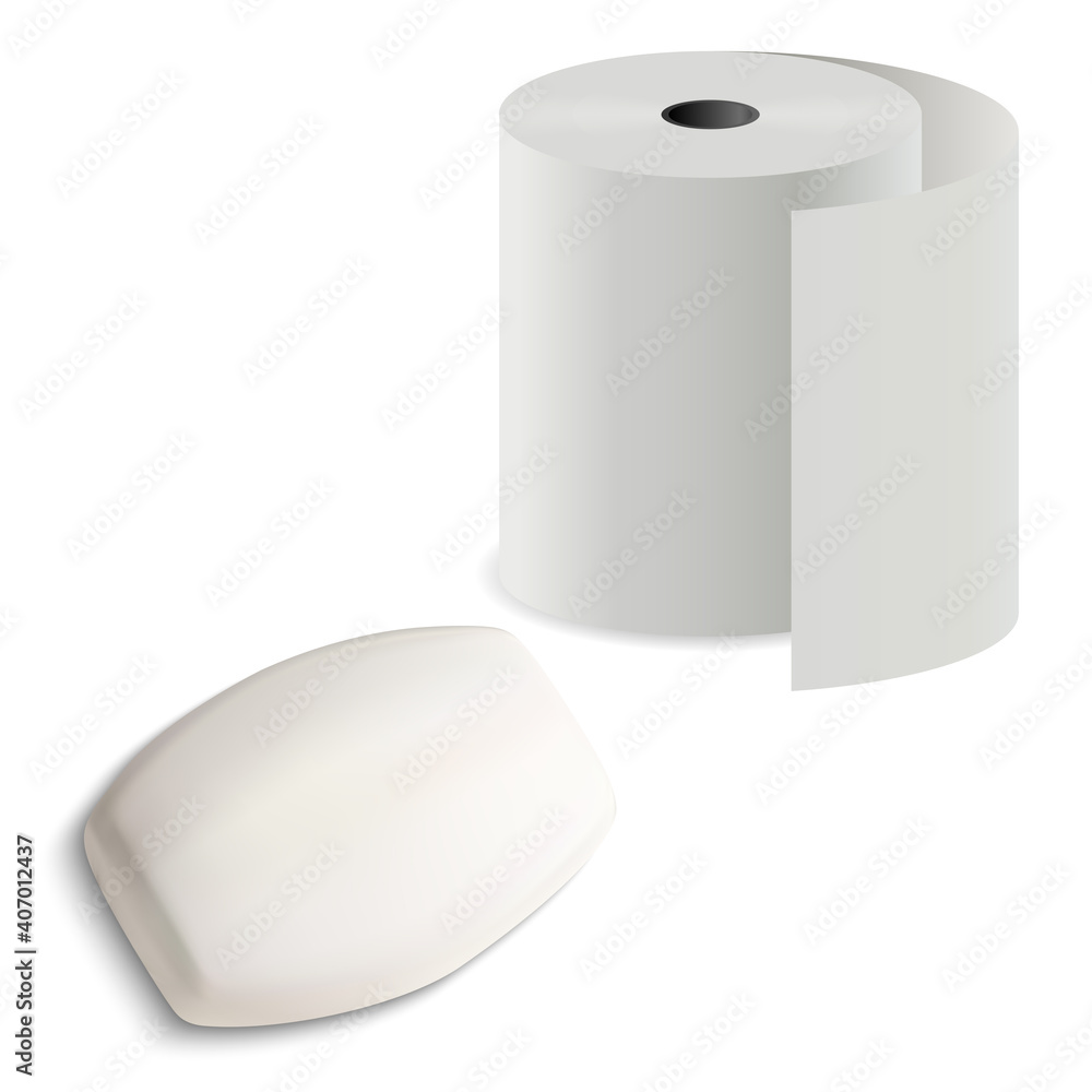 Toilet paper roll with soap bar, vector mockup illustration. Realistic solid bar with kitchen towel cylinder pack for gygiene. Spa or bath cosmetics design mock up top view. Body care design Toilet paper roll with soap bar, vector mockup illustration. Realistic solid bar with kitchen towel cylinder pack for gygiene. Spa or bath cosmetics design mock up top view. Body care design