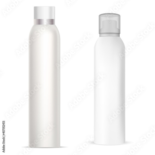 Aerosol spray can. Deodorant spray aluminum bottle. Freshener cylinder tube, metal realistic package. Paint air sprayer silver packaging. refresher odor pack, toilet spray mock up. Antiperspirant