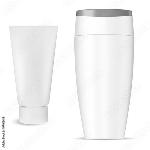 Shampoo bottle cosmetic package, cream tube product, isolated 3d vector. White plastic hair shampoo packaging mockup. Liquid lotion container with realistic creme or paste flexible tube concept