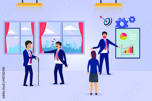 Young businessman scolding senior businessman in the office during a business meeting. Age discrimination vector concept
