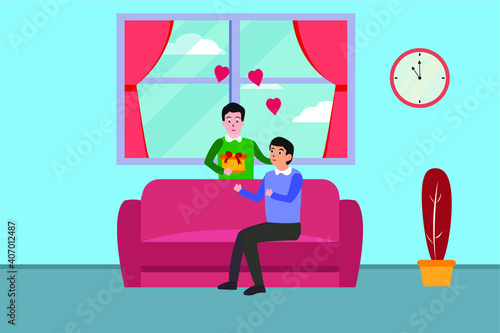 LGBT vector concept: Young man giving a present to his boyfriend while sitting together on the sofa