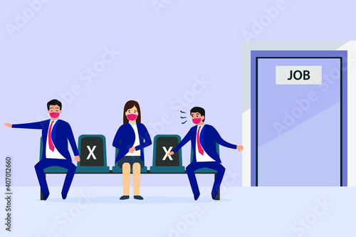 Woman discrimination vector concept. Businesswoman in face mask having bullying from men during job interview