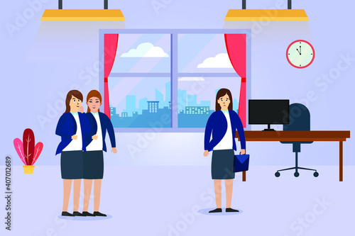 Businesswomen gossiping and bullying their partner in the office. Bullying at workplace vector concept