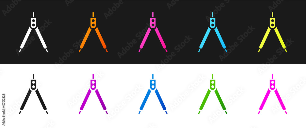 Set Drawing compass icon isolated on black and white background. Compasses sign. Drawing and educational tools. Geometric instrument. Vector Illustration. Set Drawing compass icon isolated on black and white background. Compasses sign. Drawing and educational tools. Geometric instrument. Vector Illustration.