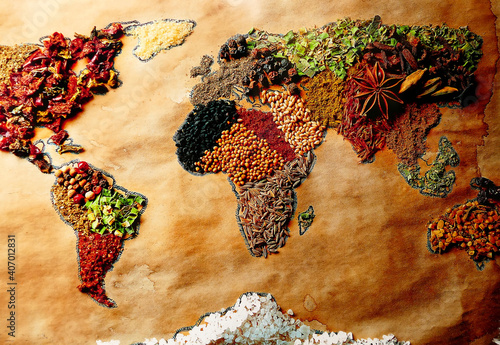 World map made of different colorful grains and seeds as seen in a market in Vienna, Austria
