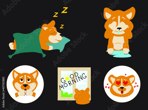 set vector illustration  dog. So cute corgi for print stickers. Print for greeting cards, daily planner, notebook, pins. pet. Character . Isolated on black background /Good morning