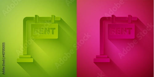 Paper cut Hanging sign with text Rent icon isolated on green and pink background. Signboard with text For Rent. Paper art style. Vector Illustration.