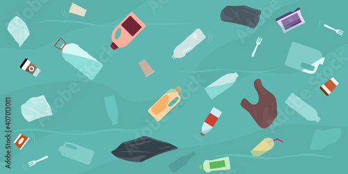 Ocean pollution, plastic bottles and trash  in water. Top view. Ecology problems concept.  Flat style, vector illustration. 
